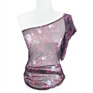 illusion Black Sheer Floral Venus One Shoulder Top